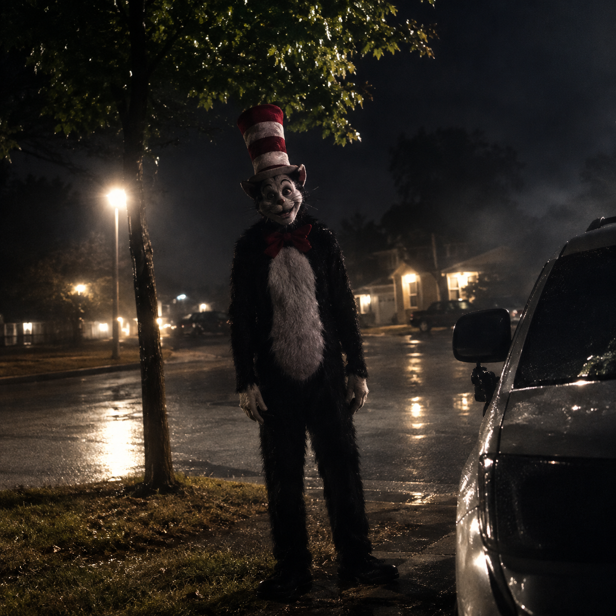 A tall figure in a red-and-white striped hat and cat costume standing on a dark suburban street at night, lit by a streetlamp